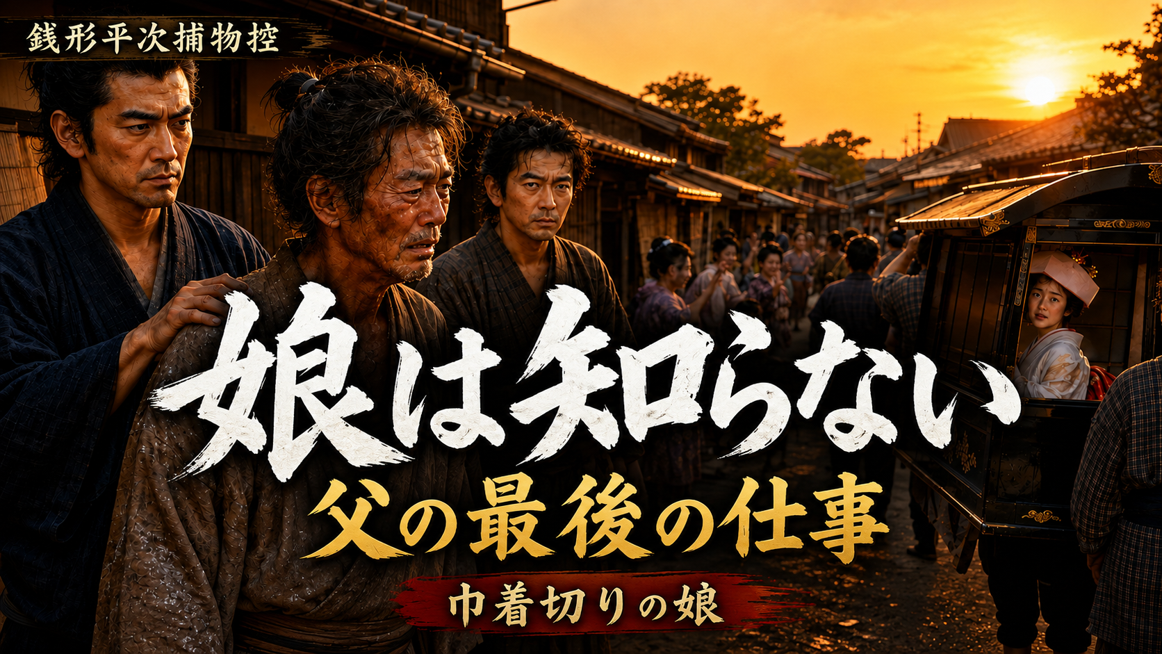夕暮れの江戸で花嫁駕籠を見送る父・彦兵衛と銭形平次を描いた『巾着切りの娘』作品ビジュアル