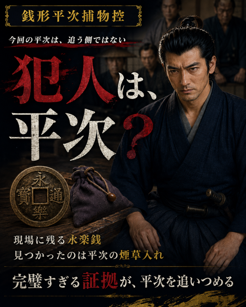 『永楽銭の謎』物語LPカルーセル第2カード。平次自身へ容疑が集中する逆転構造を提示する。