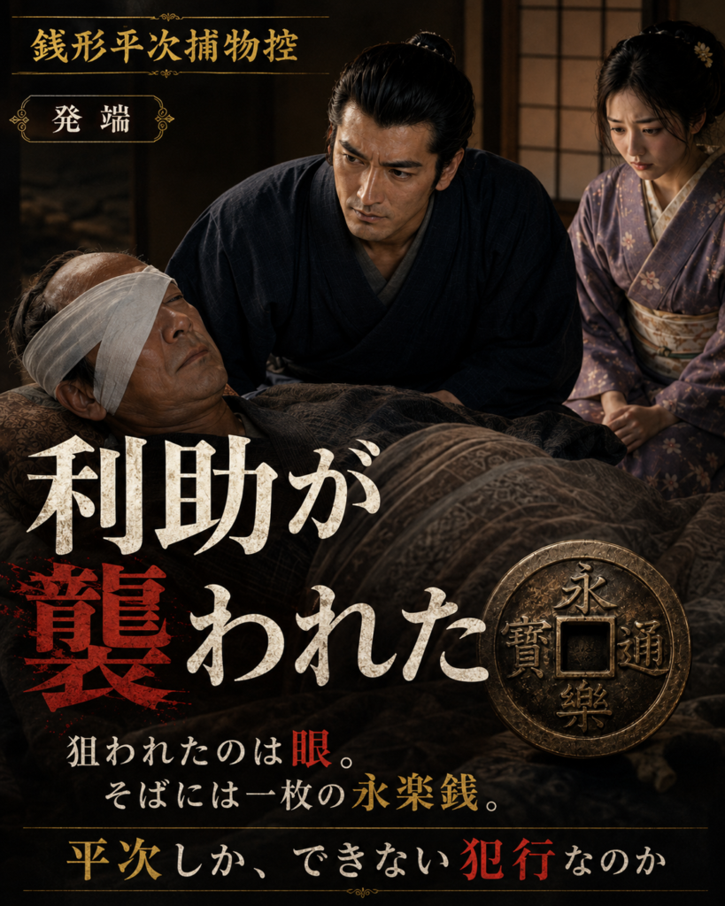 『永楽銭の謎』物語LPカルーセル第3カード。永楽銭が残された最初の襲撃から、物語固有の異常さを示す。