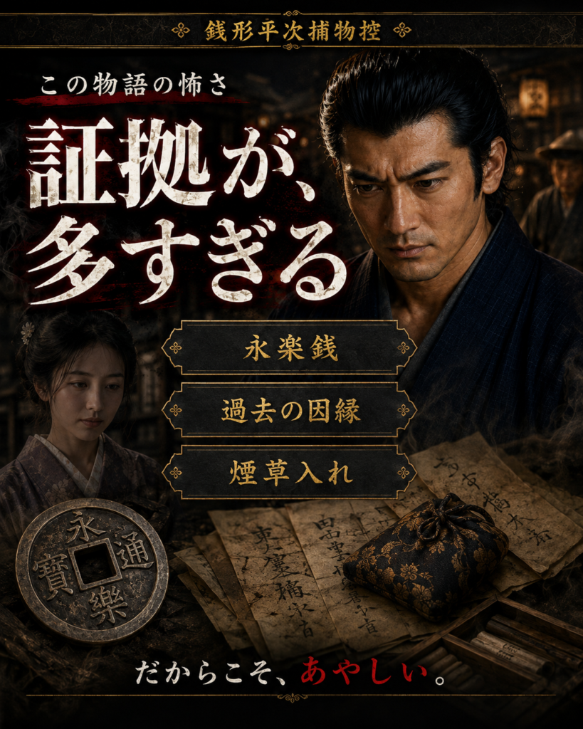 『永楽銭の謎』物語LPカルーセル第4カード。永楽銭・過去の因縁・煙草入れという証拠の過剰さを訴求する。