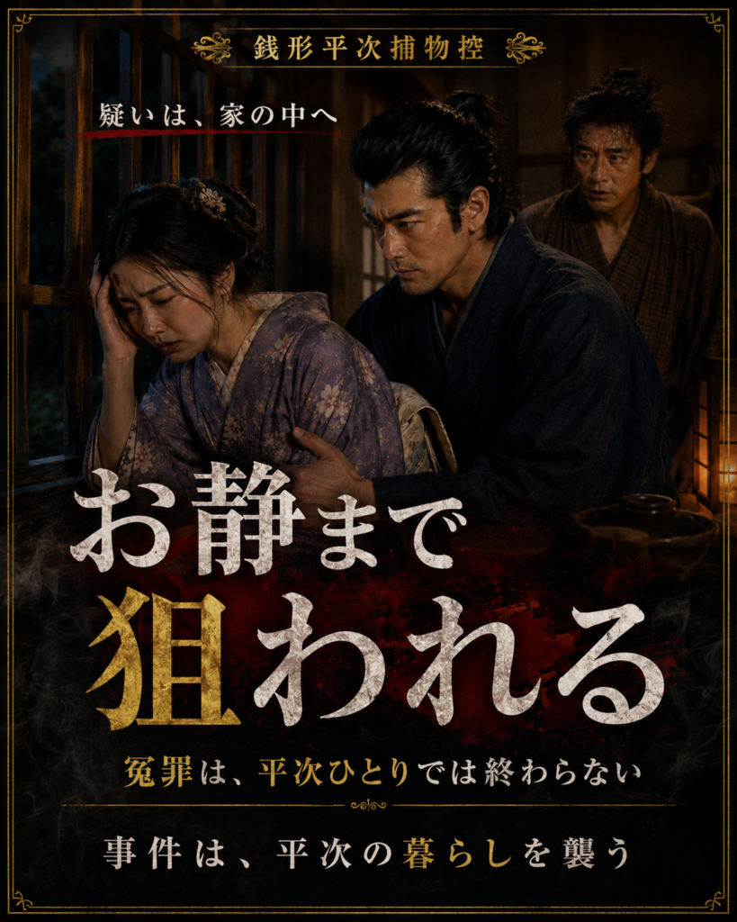 『永楽銭の謎』物語LPカルーセル第6カード。事件が家庭へ及び、平次の危機を感情面から深める。