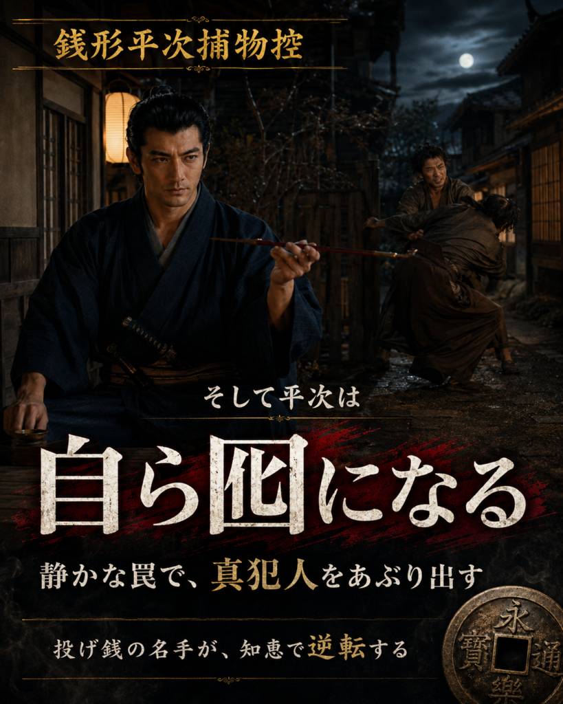 『永楽銭の謎』物語LPカルーセル第7カード。平次が知恵で状況を逆転するクライマックスを予告する。