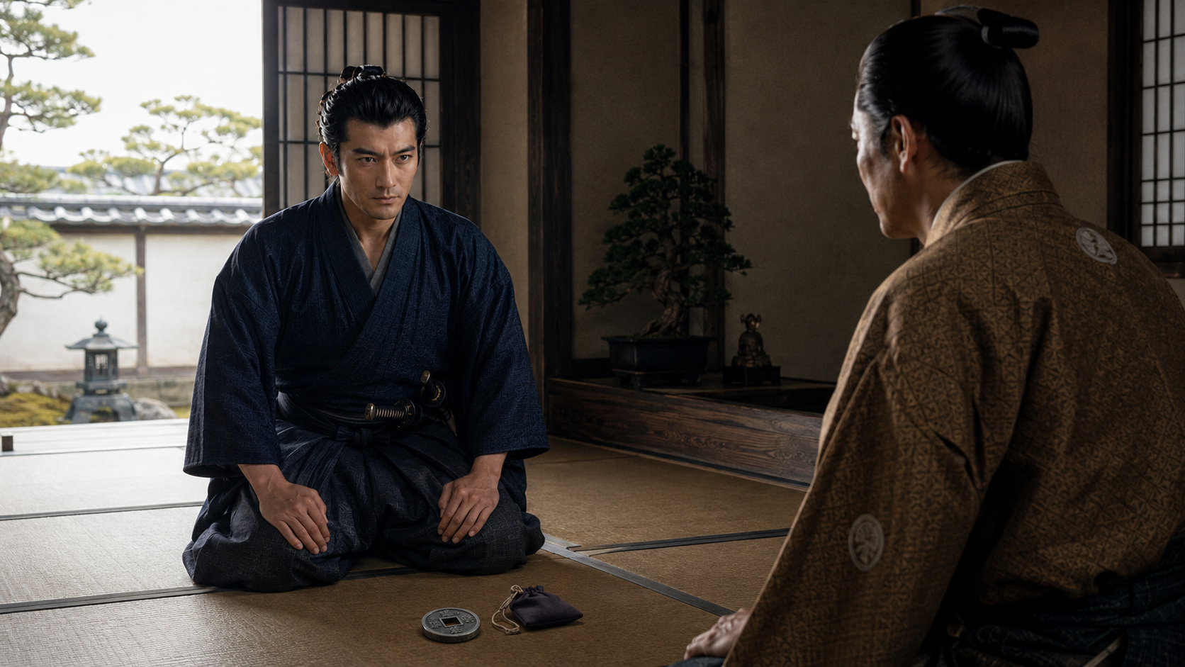 笹野新三郎の前に、永楽銭と平次の煙草入れという不利な証拠が並ぶ。