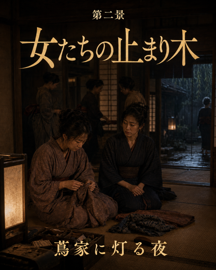 蔦家の共部屋で縫い物をするおぶんと見守るおひろ