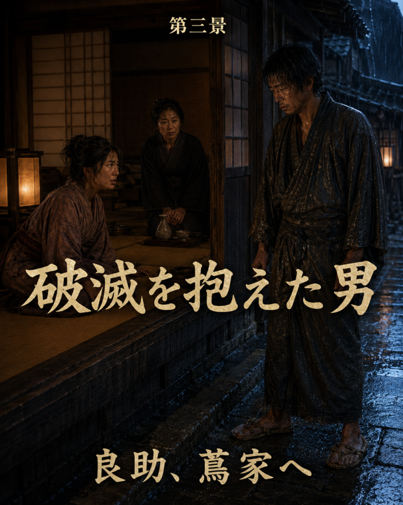 雨の夜、蔦家の入口に立つ良助と部屋から見つめるおぶん