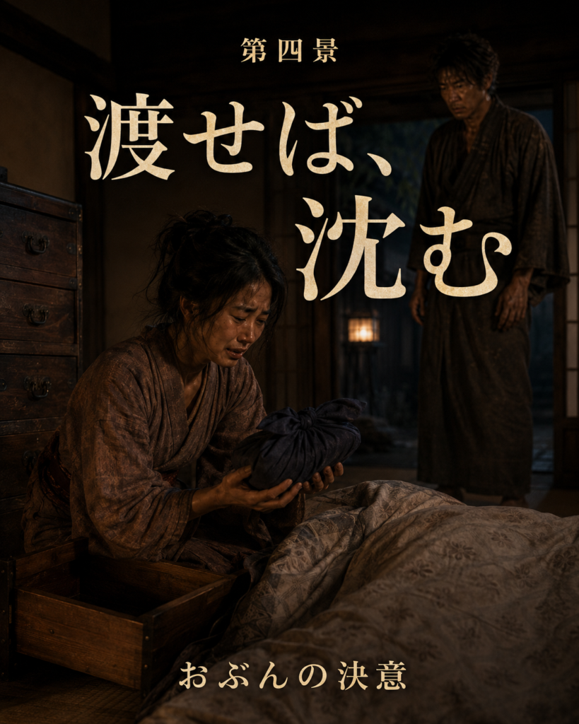 おぶんが夜具の下から見つけた包みを抱え箪笥のそばで迷う場面