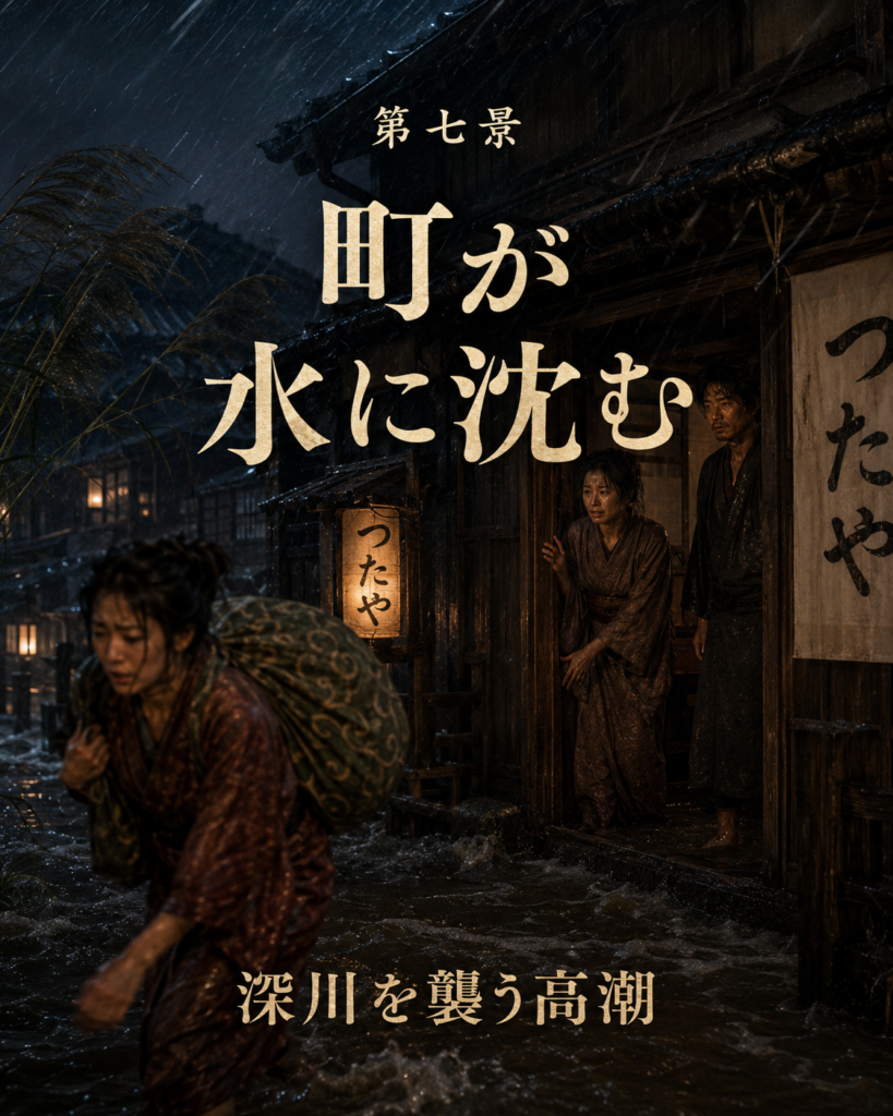 暴風雨と高潮のなか、蔦家の前を水が走り女が逃げる場面