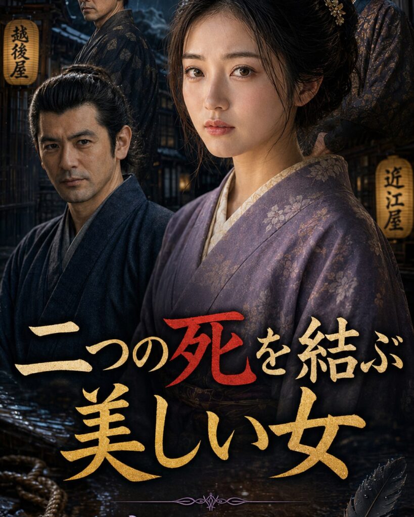 お若を中心に平次と二人の男を配した「美しき獲物」縦型ストーリーカード表紙