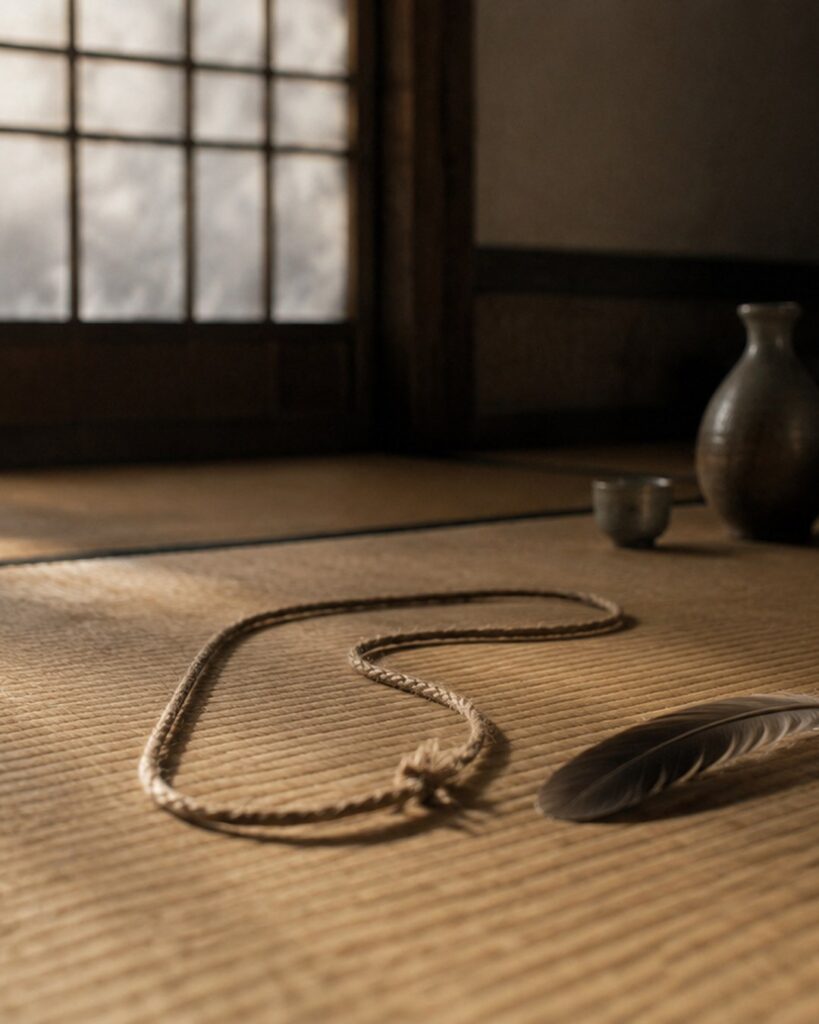 畳の上の縄と一枚の羽根を写した片瀬の不可解な出来事を象徴するカード