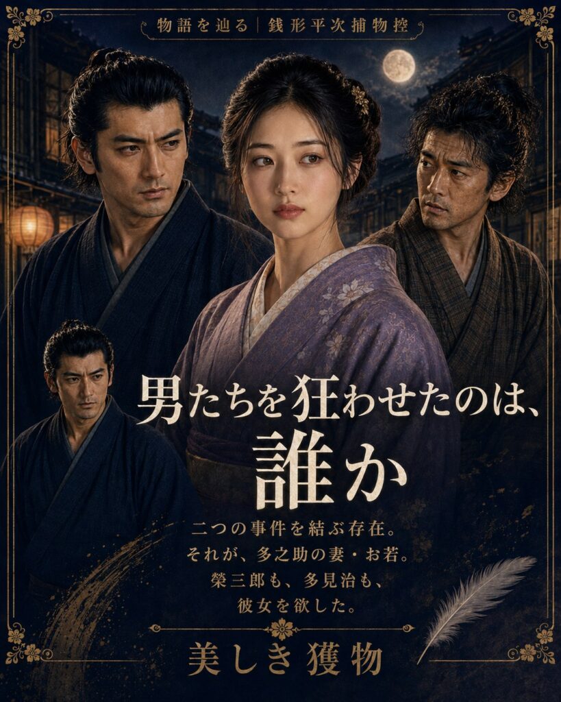 月夜の江戸でお若を中心に平次と八五郎を配した縦型ストーリーカード