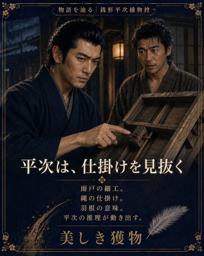 雨戸の仕掛けを調べる平次と八五郎を描いた縦型ストーリーカード