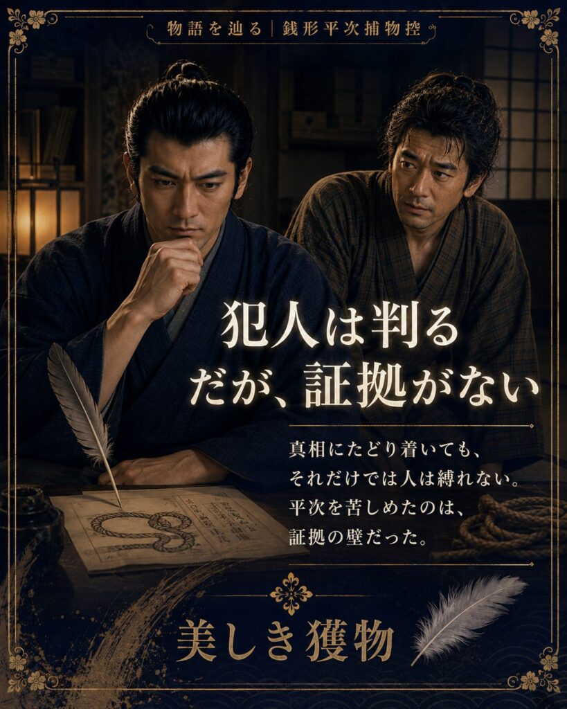 平次と八五郎が証拠の壁に向き合う縦型ストーリーカード