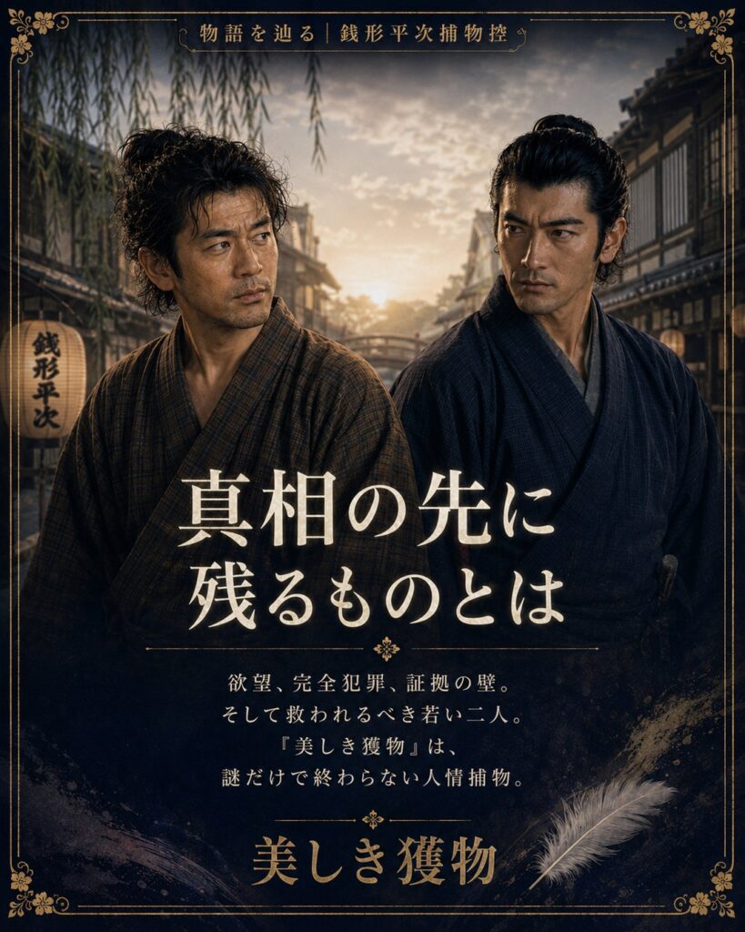 江戸の町を背景に平次と八五郎を描いた縦型ストーリーカード