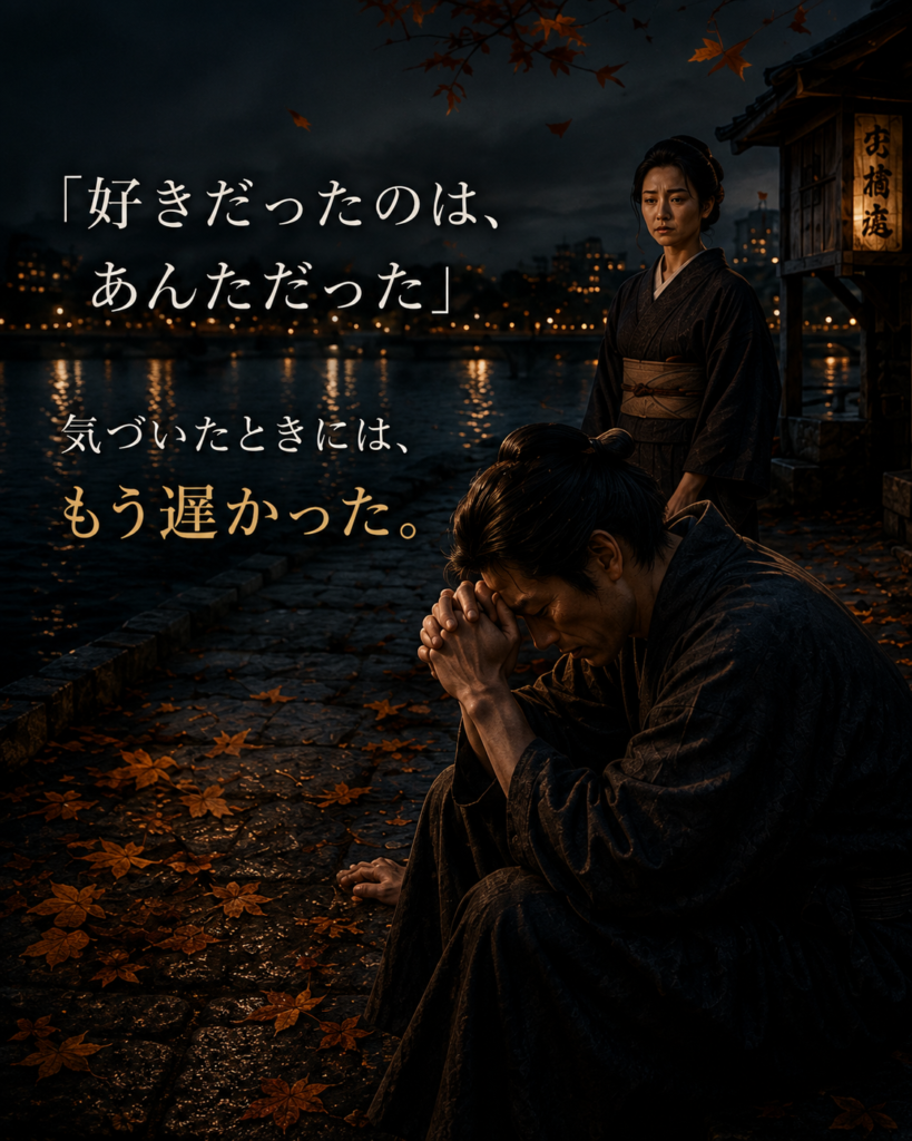 山本周五郎『落葉の隣り』Instagramカルーセル表紙。秋の川辺ですれ違う男女と『遅すぎた、両想い』の文字。