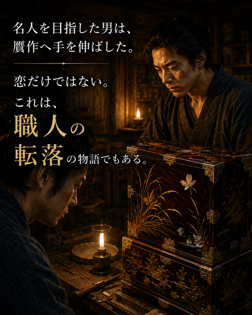 名人を目指した職人が贋作へ手を伸ばす場面。蒔絵の厨子と職人たち。