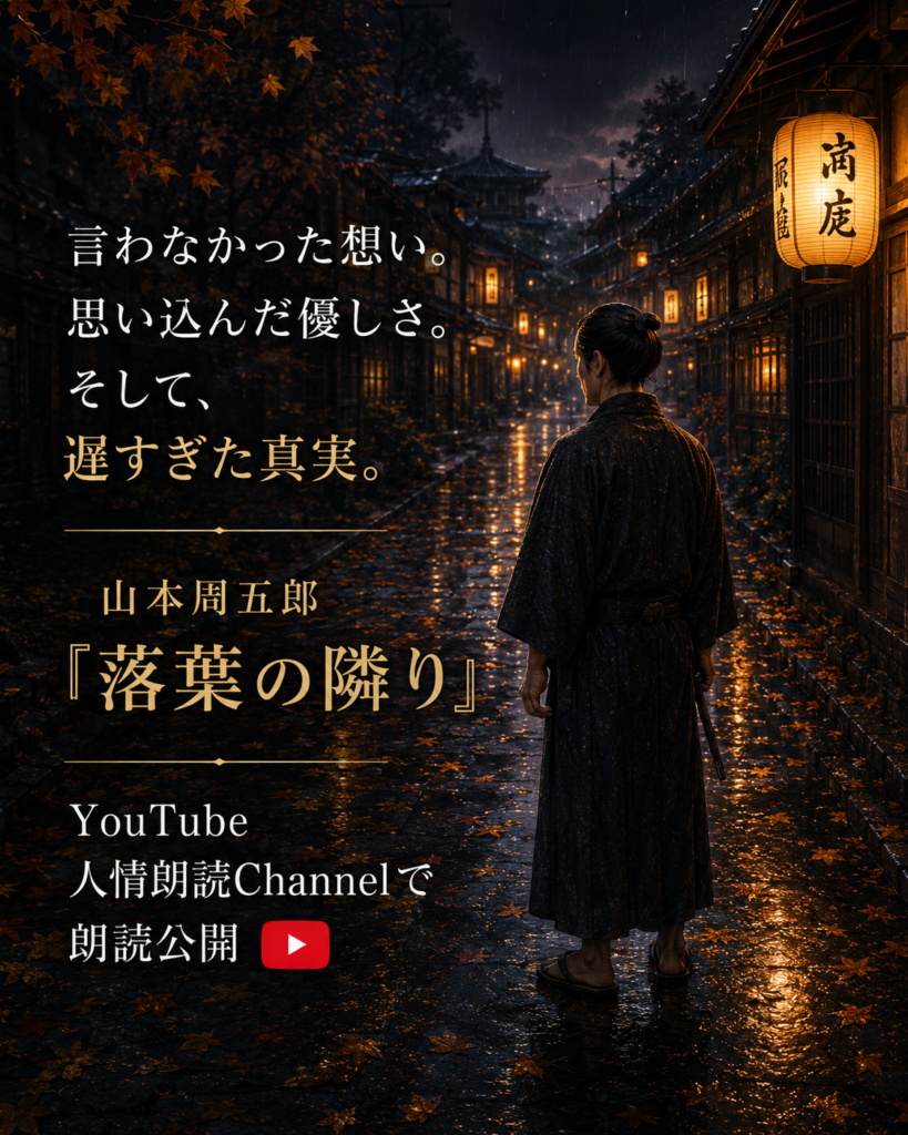 雨の江戸の町で一人たたずむ繁次と、『遅すぎた真実』の余韻を伝える締め画像。