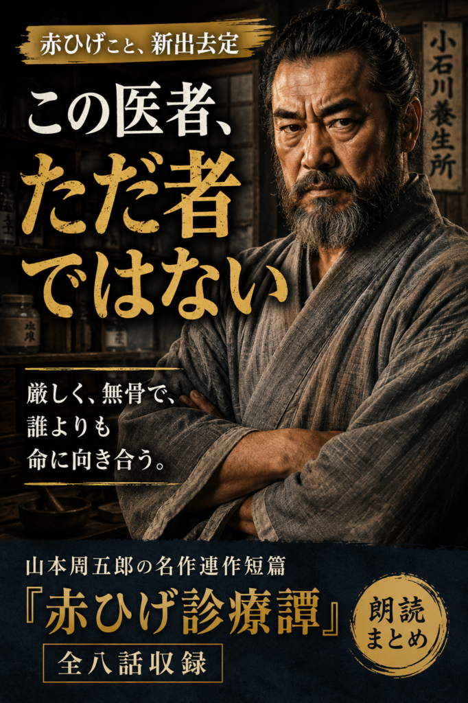 薬棚を背に厳しい表情で立つ赤ひげこと新出去定の人物紹介画像