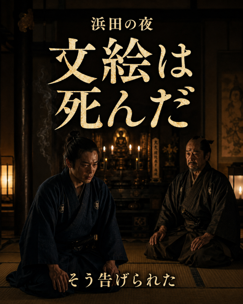 文絵の死を告げられた信太郎を描いた物語LPカード4。