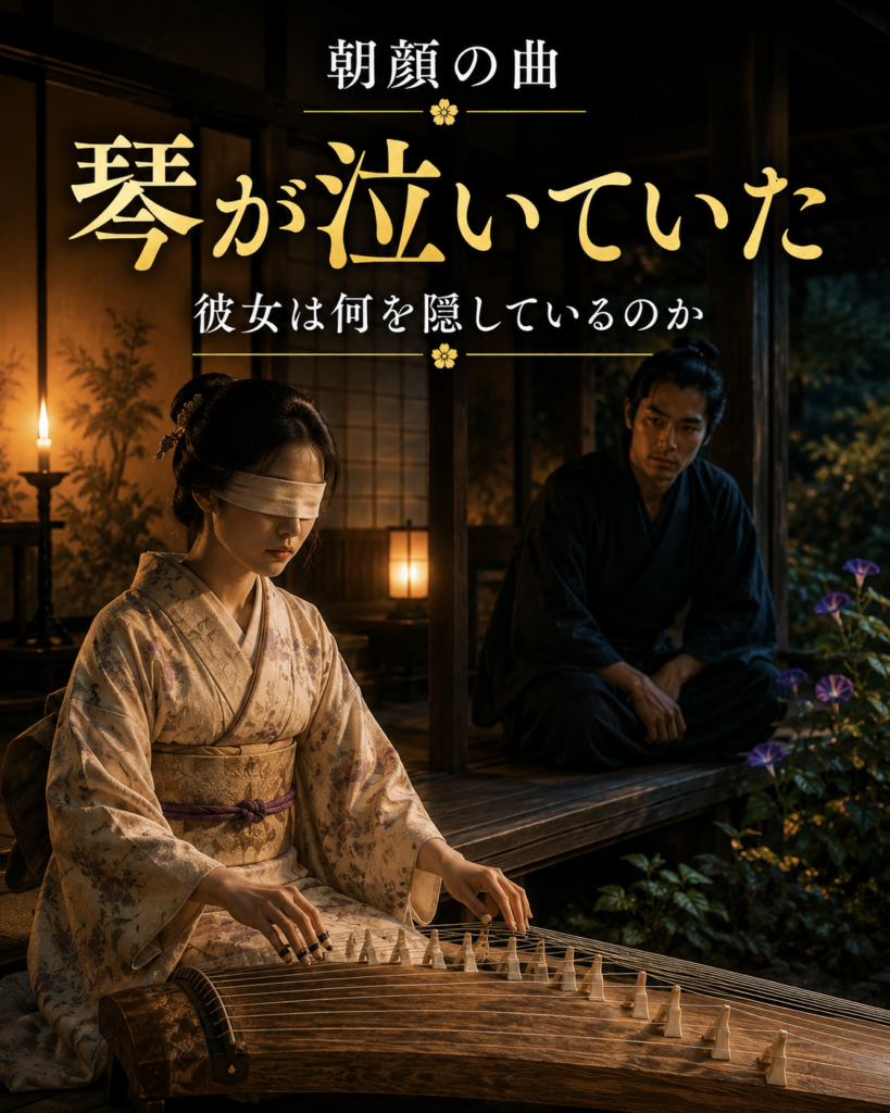 琴を奏でる盲目の娘と信太郎を描いた物語LPカード5。