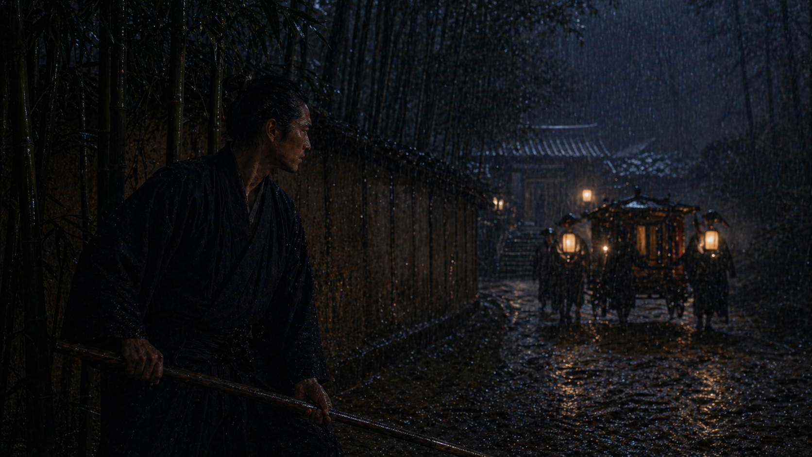 竹林の雨夜に采女の駕籠へ迫る場面。