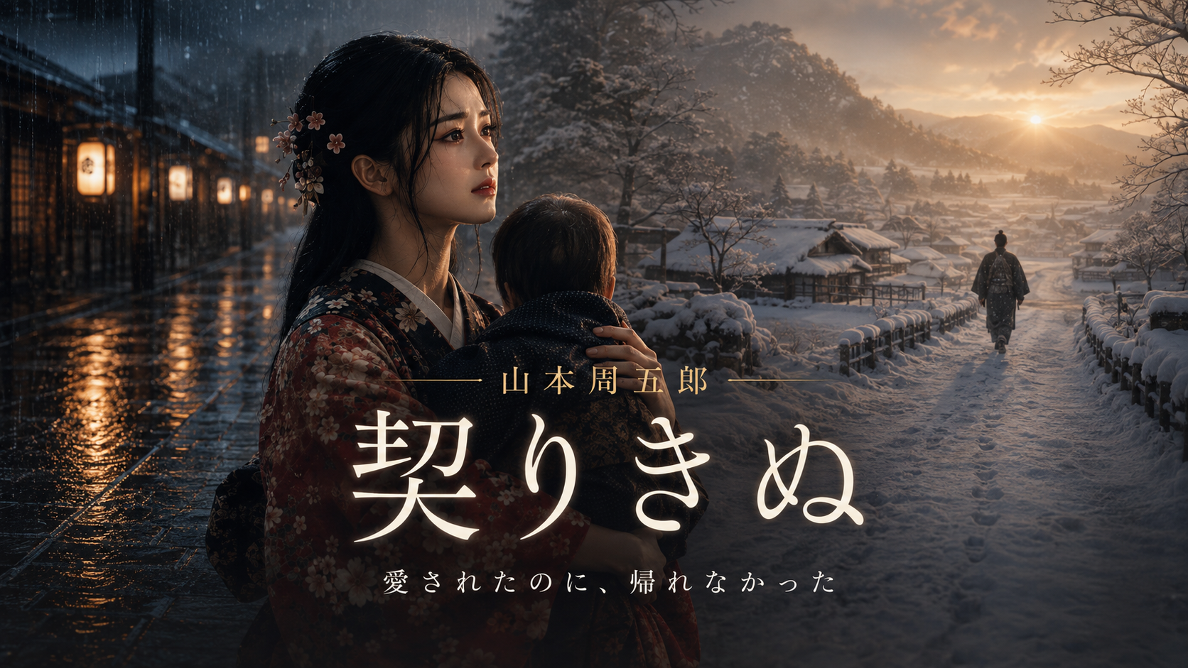 雨の町と雪の山里を背景に、幼子を抱くおなつが別れと明日を見つめる『契りきぬ』の代表画像