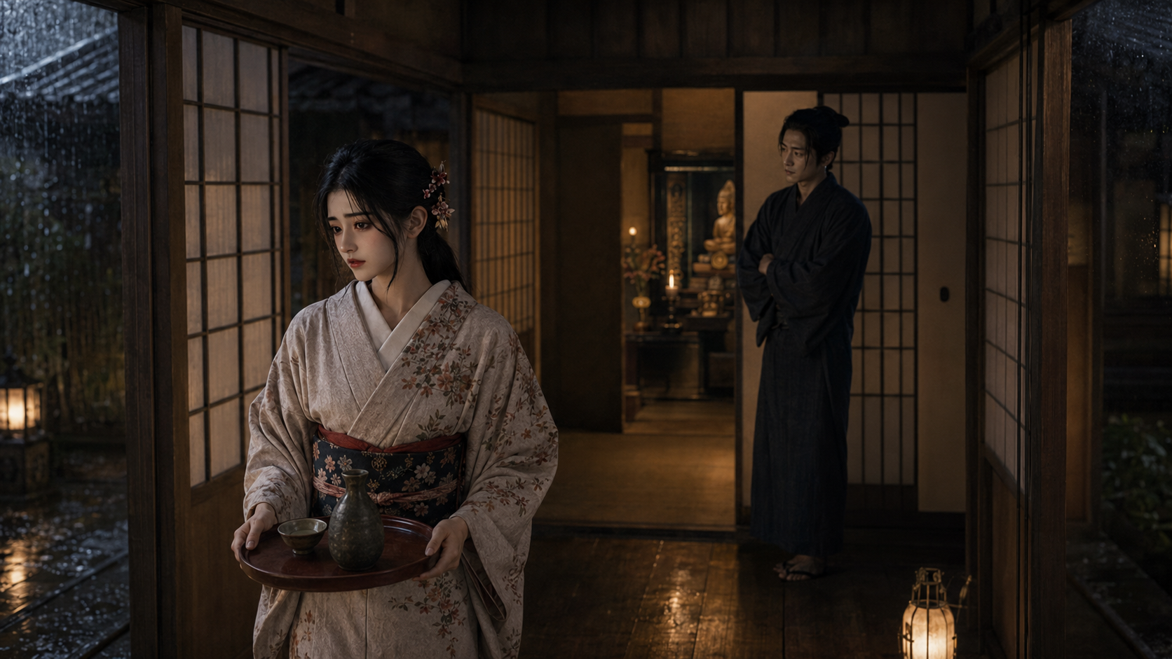 山本周五郎『契りきぬ』三の二 期限の夜、雨の酒の場面画像