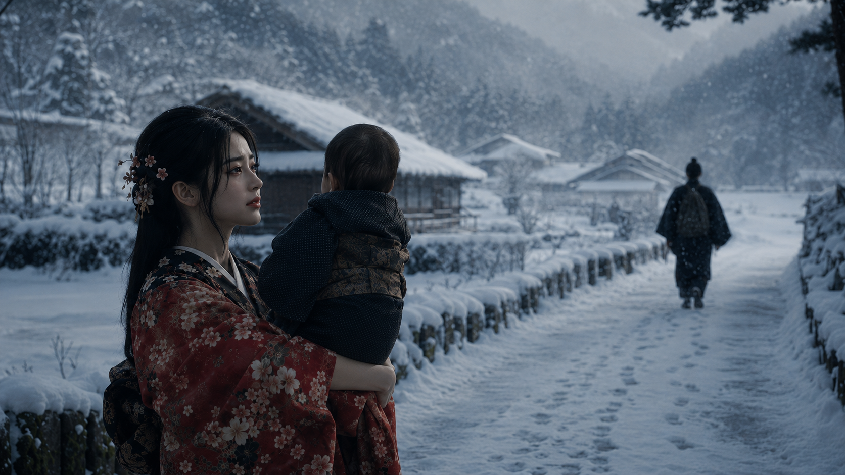 山本周五郎『契りきぬ』四の三 雪の別れ、父の背中の場面画像