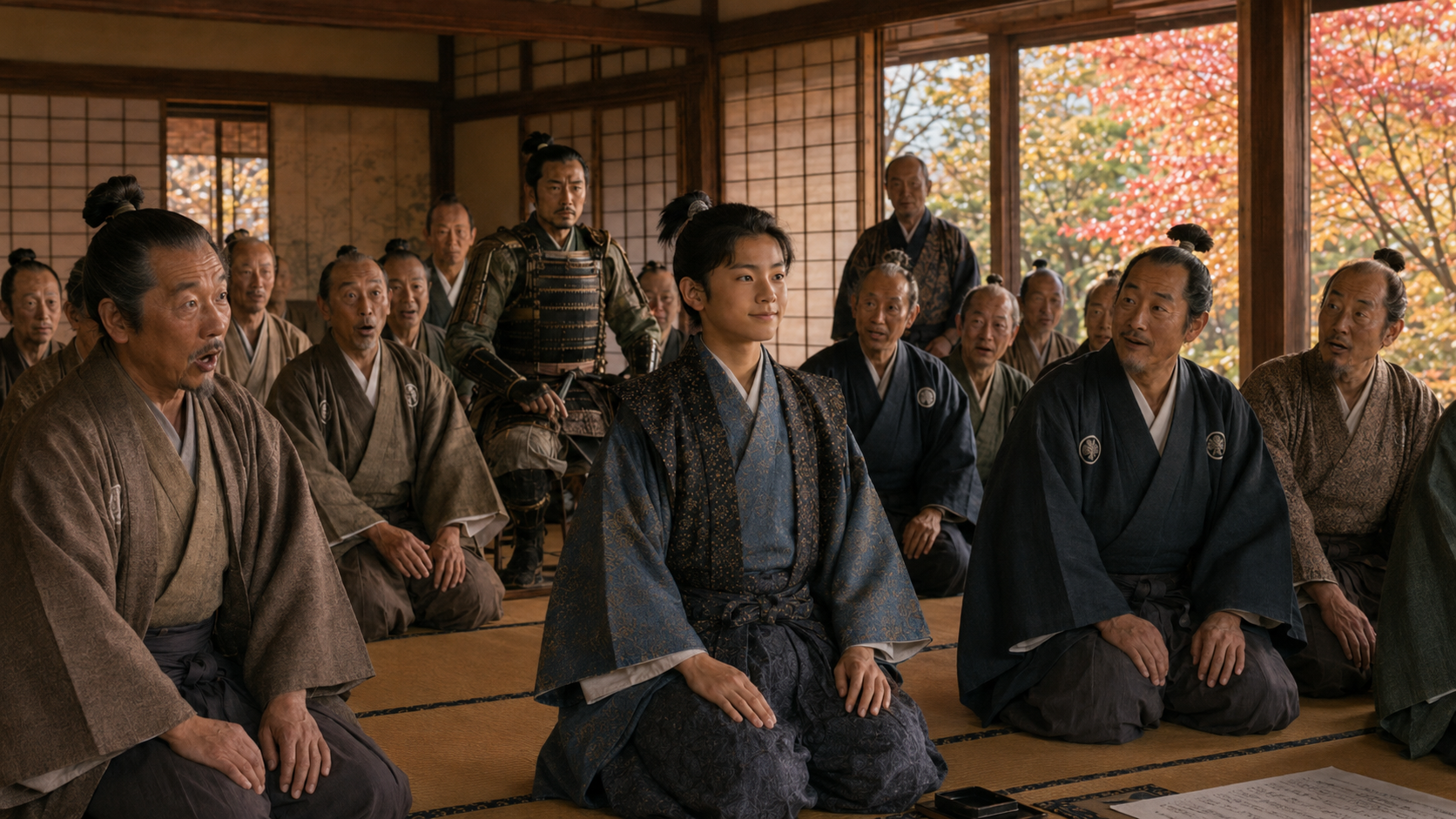 瑞龍寺の歌会で、歌才を称賛される十三歳の蒲生鶴千代