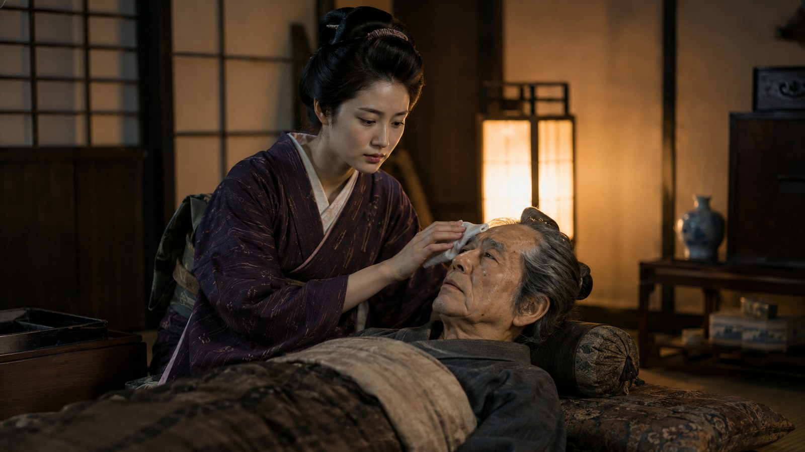 病床の喜兵衛を看病するおしの。