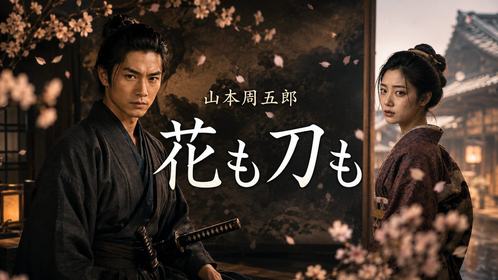 山本周五郎『花も刀も』。平手幹太郎とお豊を描く作品ビジュアル。