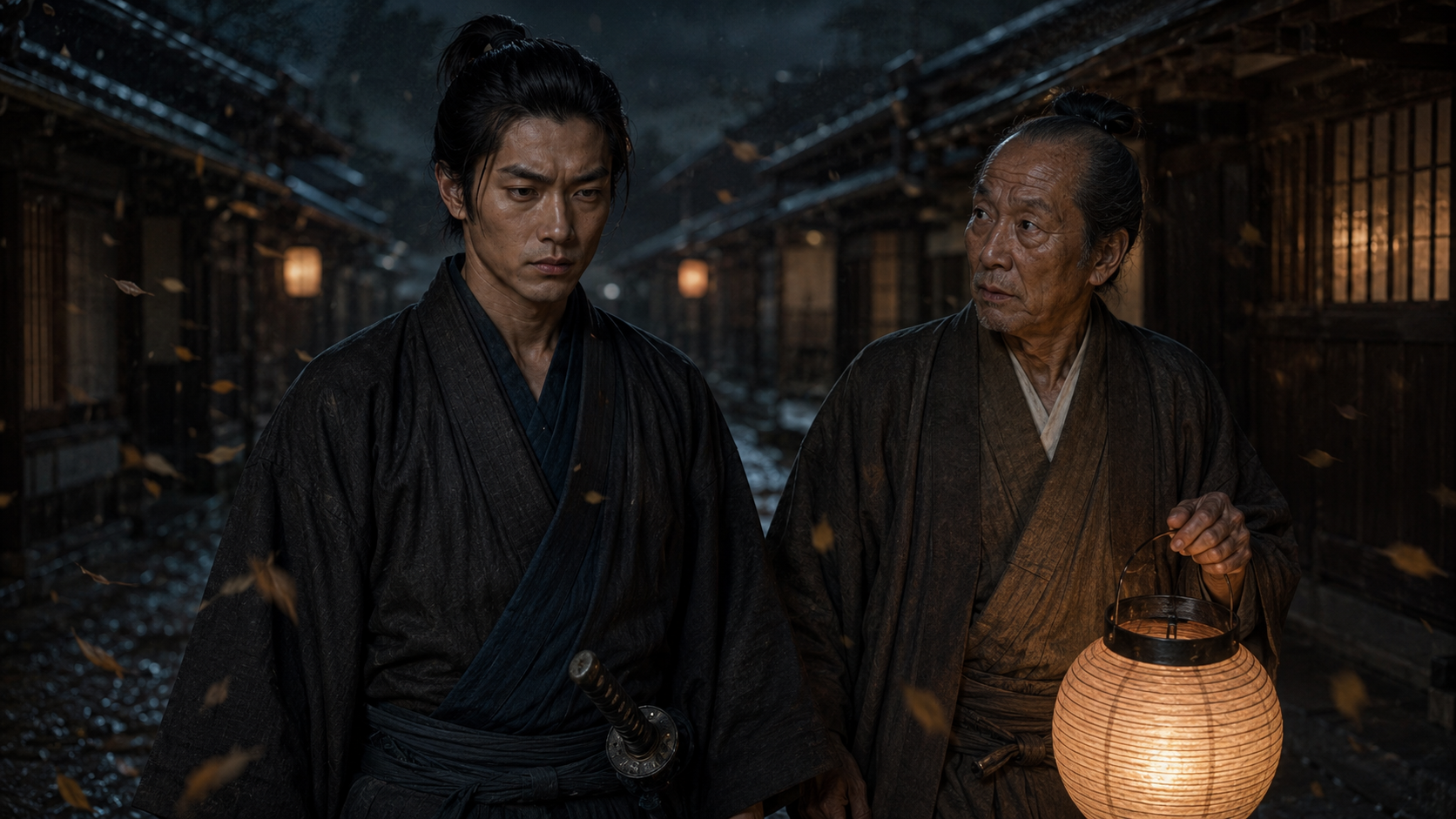 秋の夜の江戸の町を歩く平手幹太郎と提灯を持つ老人