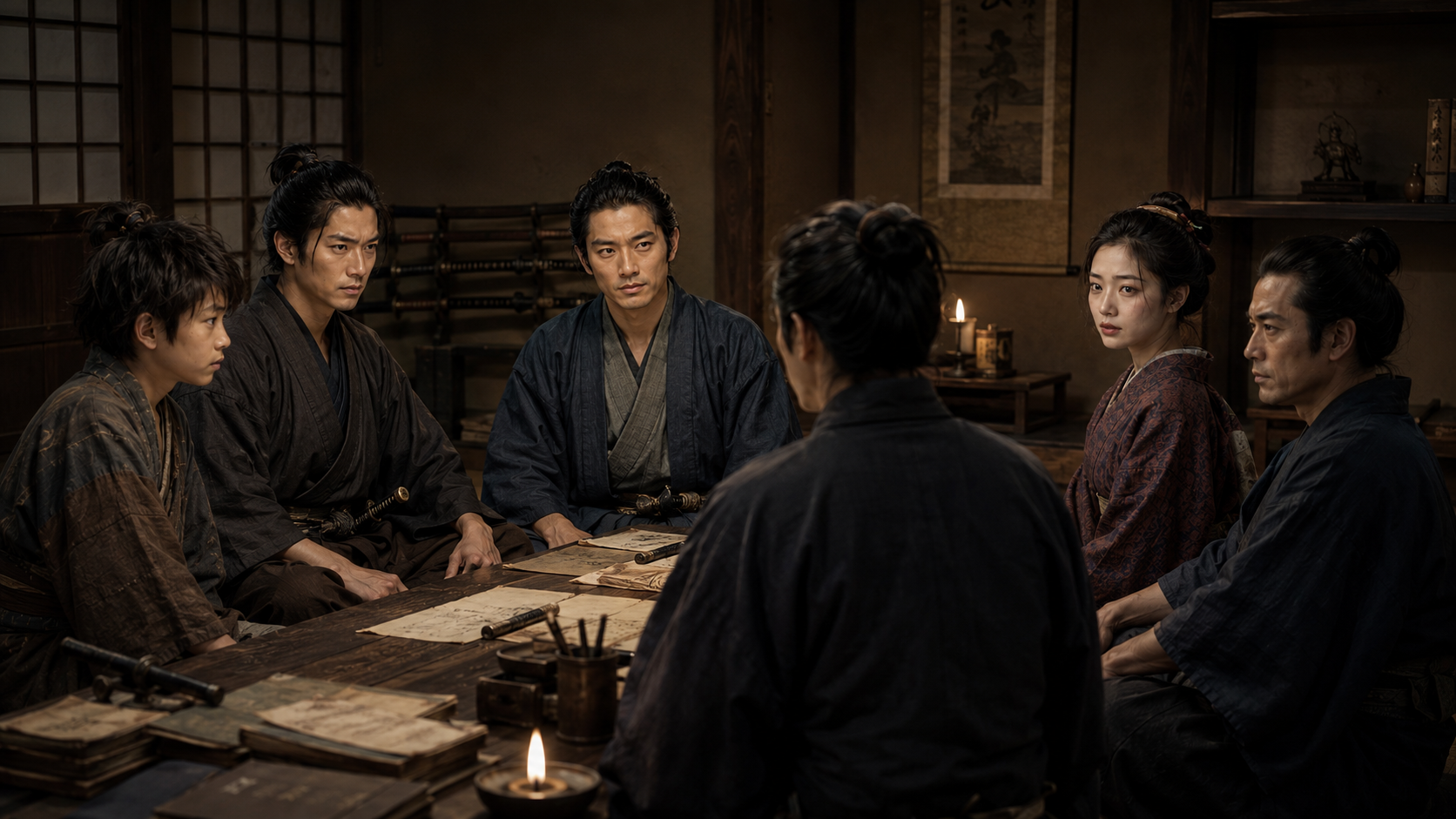 『花も刀も』物語場面:時代を語る門人たち