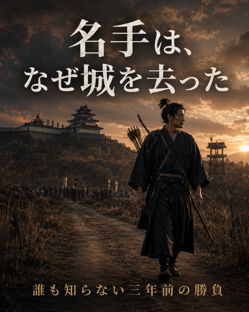 夕暮れの城を背に一人去る武士、「名手は、なぜ城を去った」と問うカード