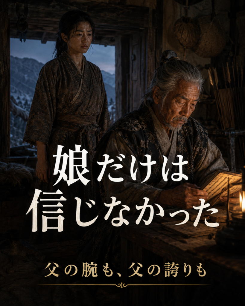灯火のそばで書物を読む父と見守る小菊、「娘だけは信じなかった」と記したカード