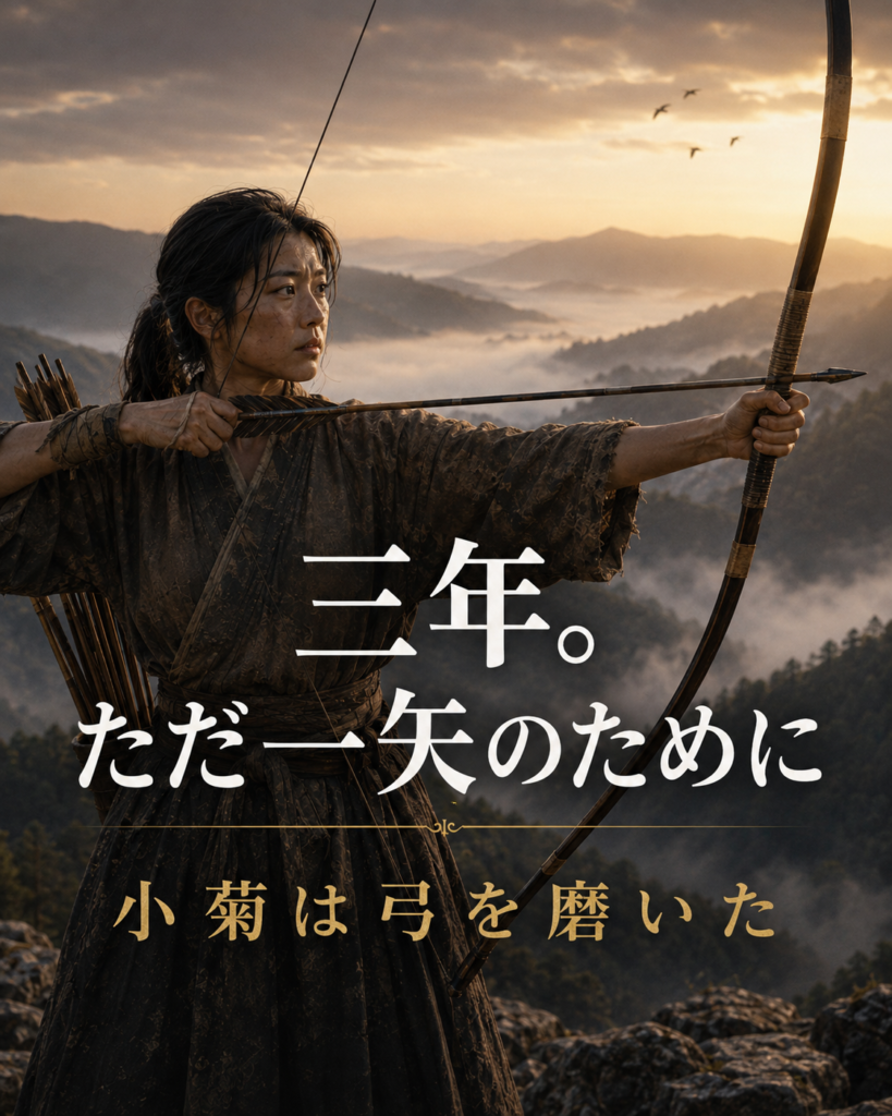 朝の山中で弓を引く小菊、「三年。ただ一矢のために」と記したカード