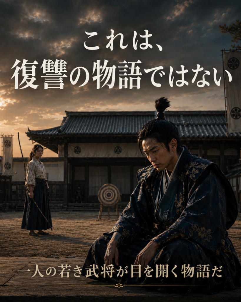 的場で考え込む若き伊達政宗、「これは、復讐の物語ではない」と記したカード