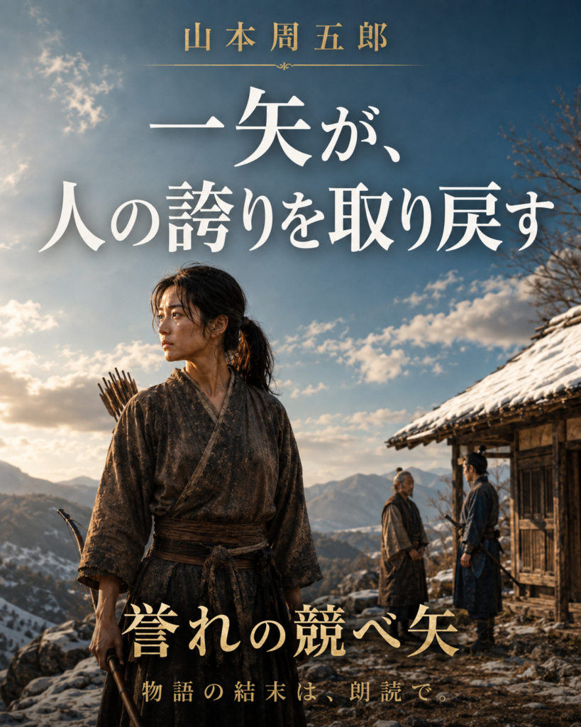冬山に立つ小菊、「一矢が、人の誇りを取り戻す」と記した最終カード