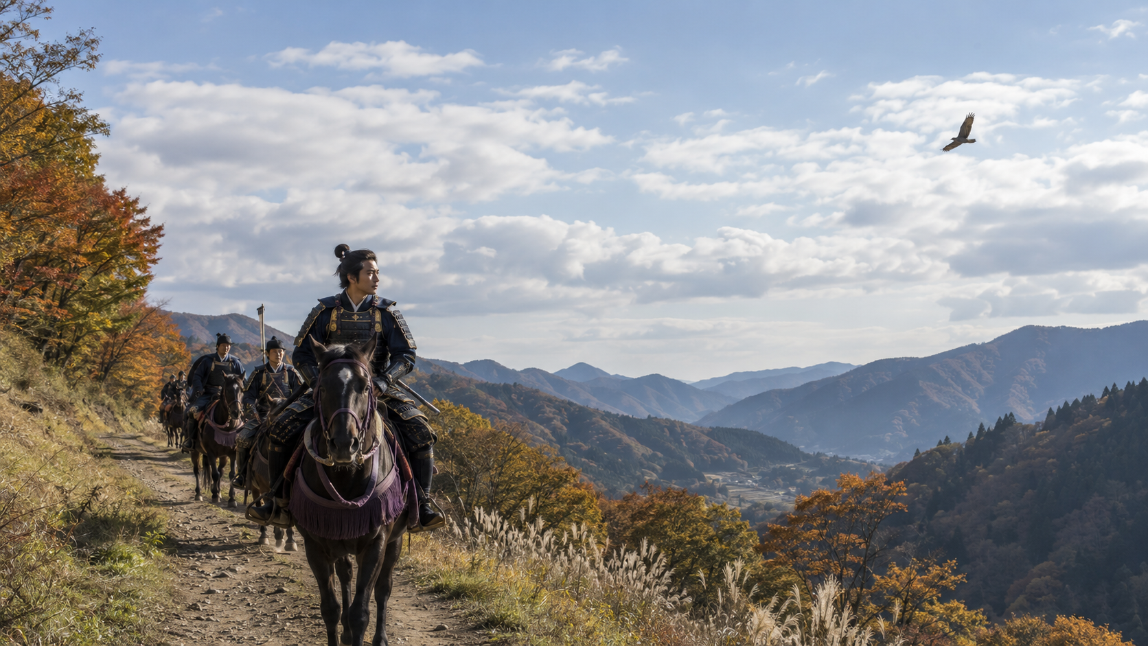 秋の山道を騎馬で進む若き伊達政宗と家臣たち