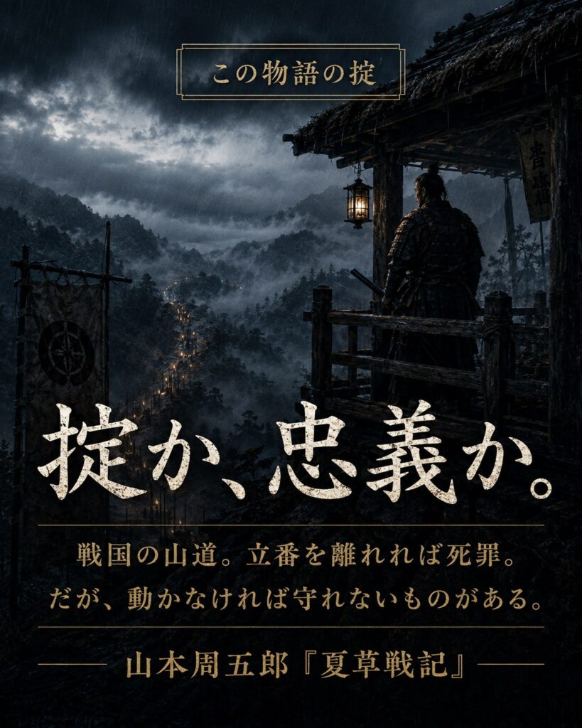 雨の山道に立つ若武者と大きな文字で掟か忠義かと示すカード