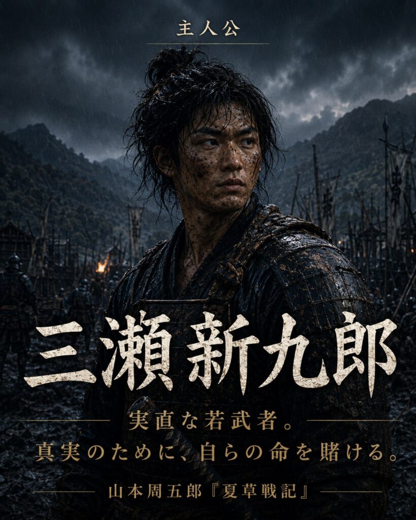 雨に打たれながら前を見据える若武者のポートレートカード