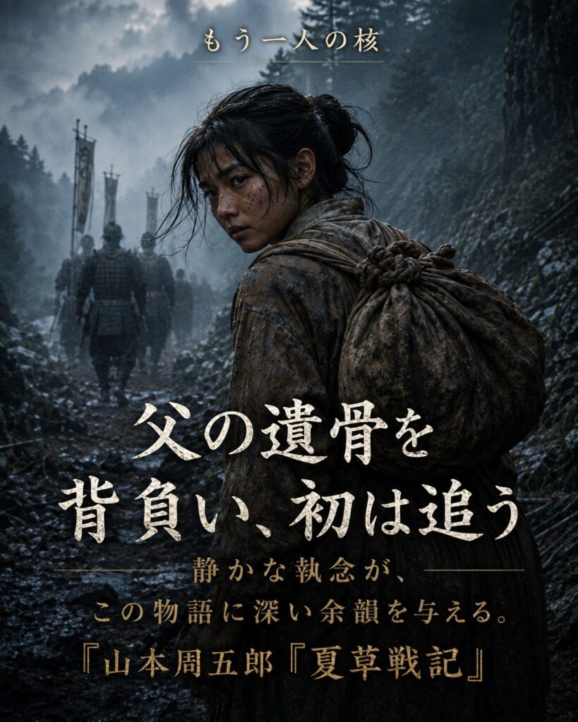 霧雨の山道で父の遺骨を背負い進む少女のカード