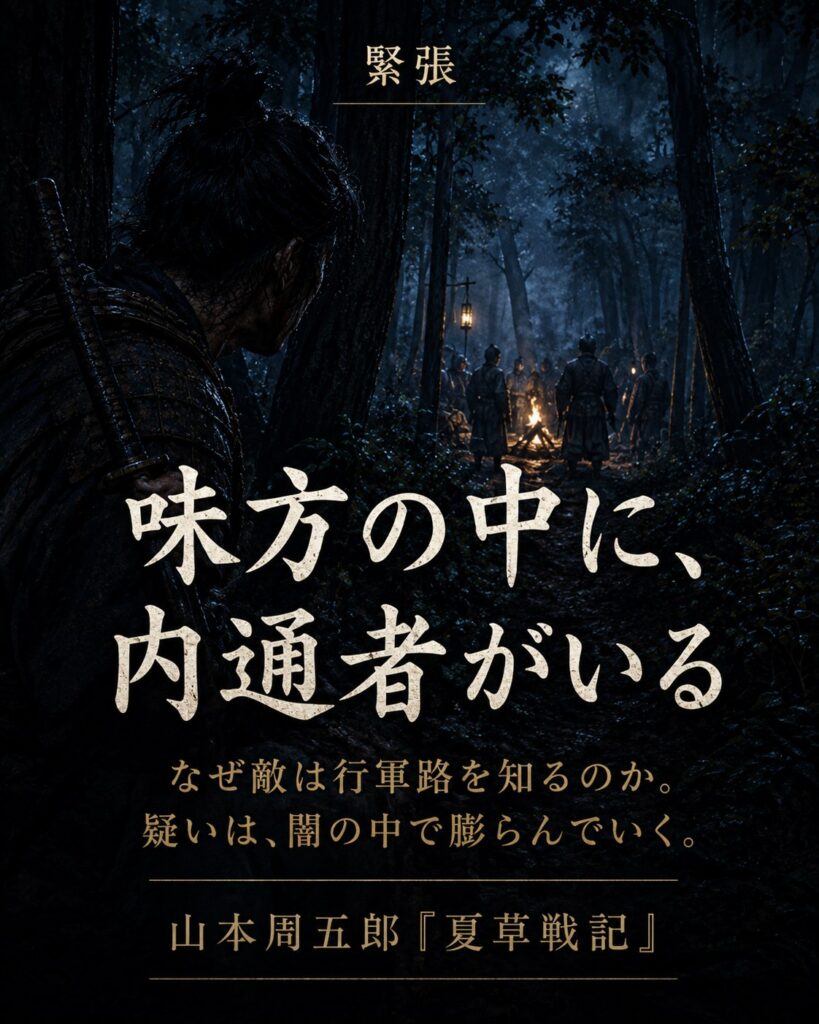 緊張した森のなかで気配をうかがう侍たちのカード