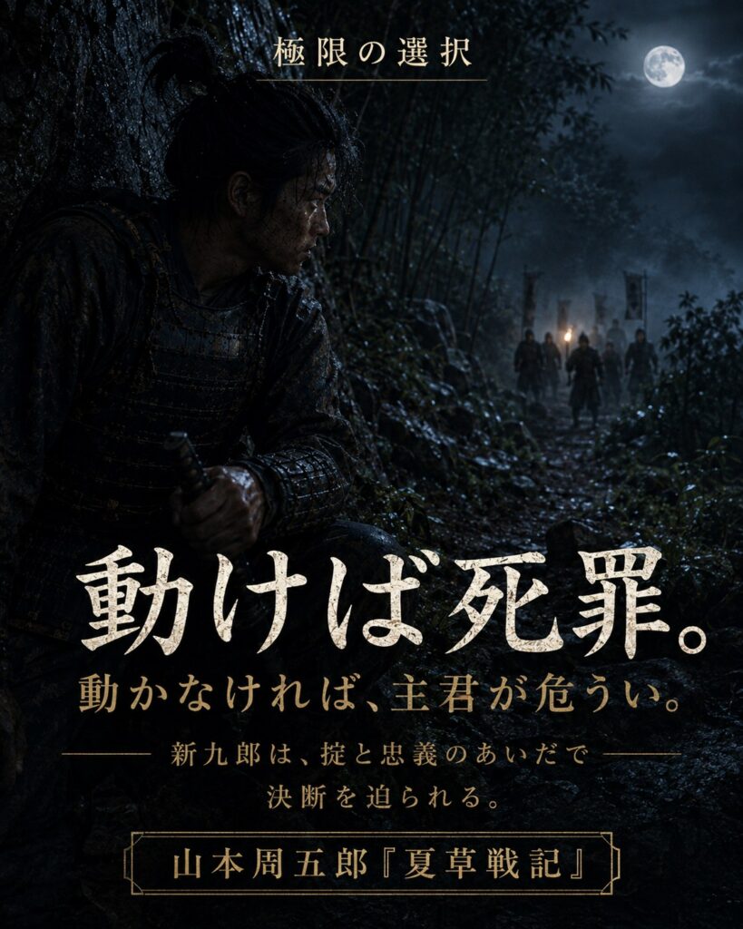 月影の下で掟と忠義の対立を示す情緒的なカード