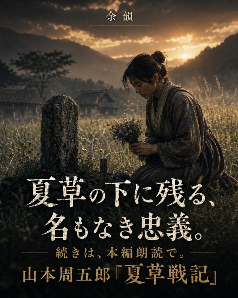 夕暮れの墓前へ野花を捧げる姿を描いた終幕カード