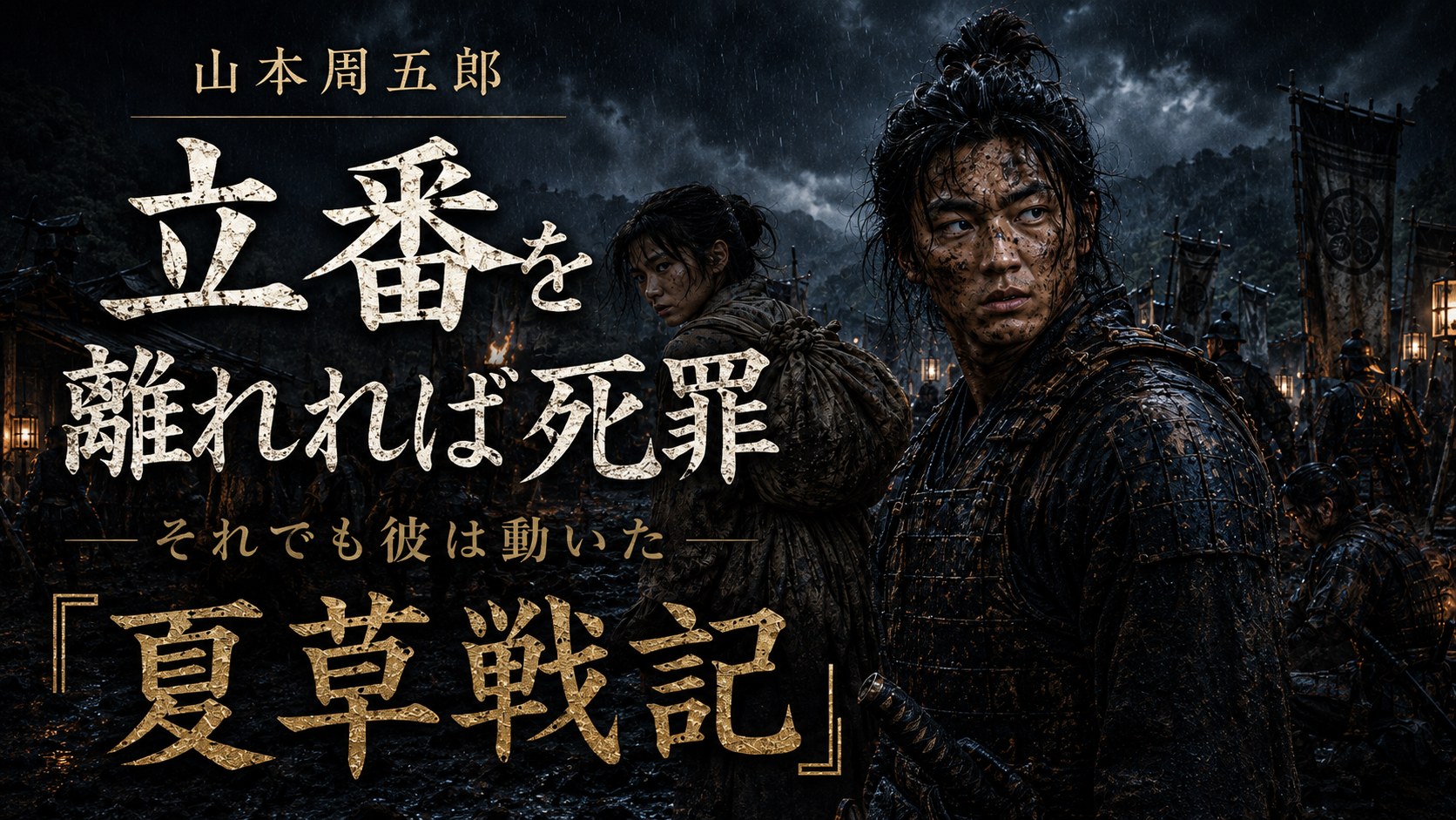雨夜の山道で振り返る若い侍と松明を掲げた行軍の情景