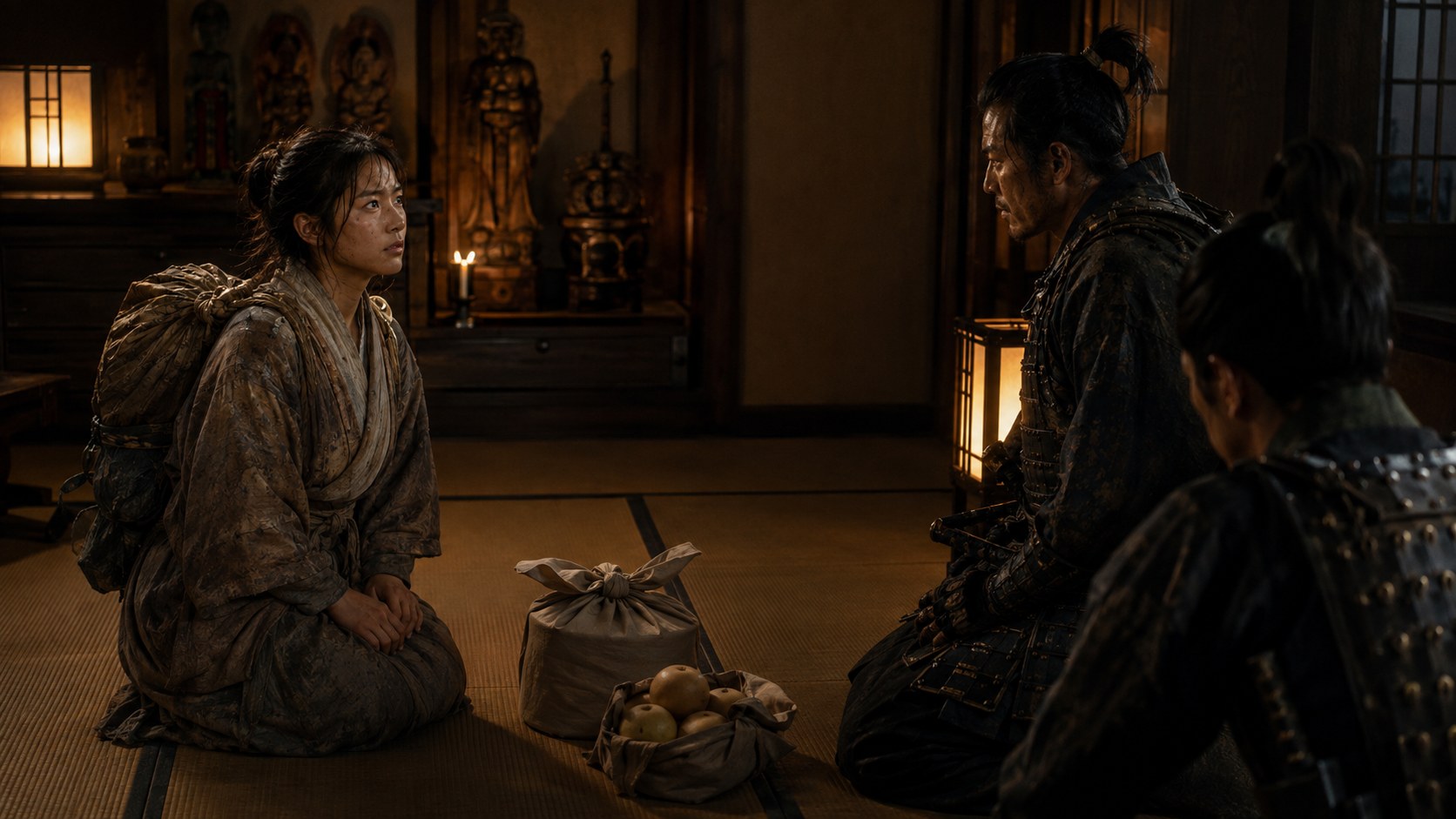 侍の座敷で旅の娘が礼を語り、武士たちが静かに耳を傾ける場面