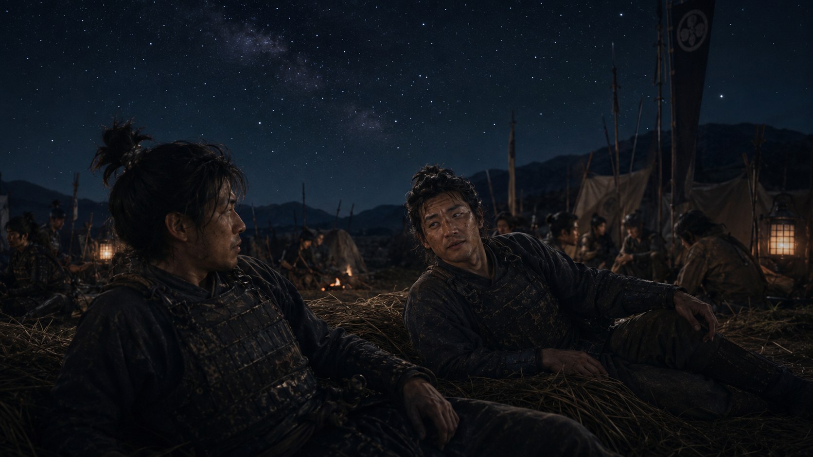 満天の星の下で焚火を囲む侍たちと語り合う若武者