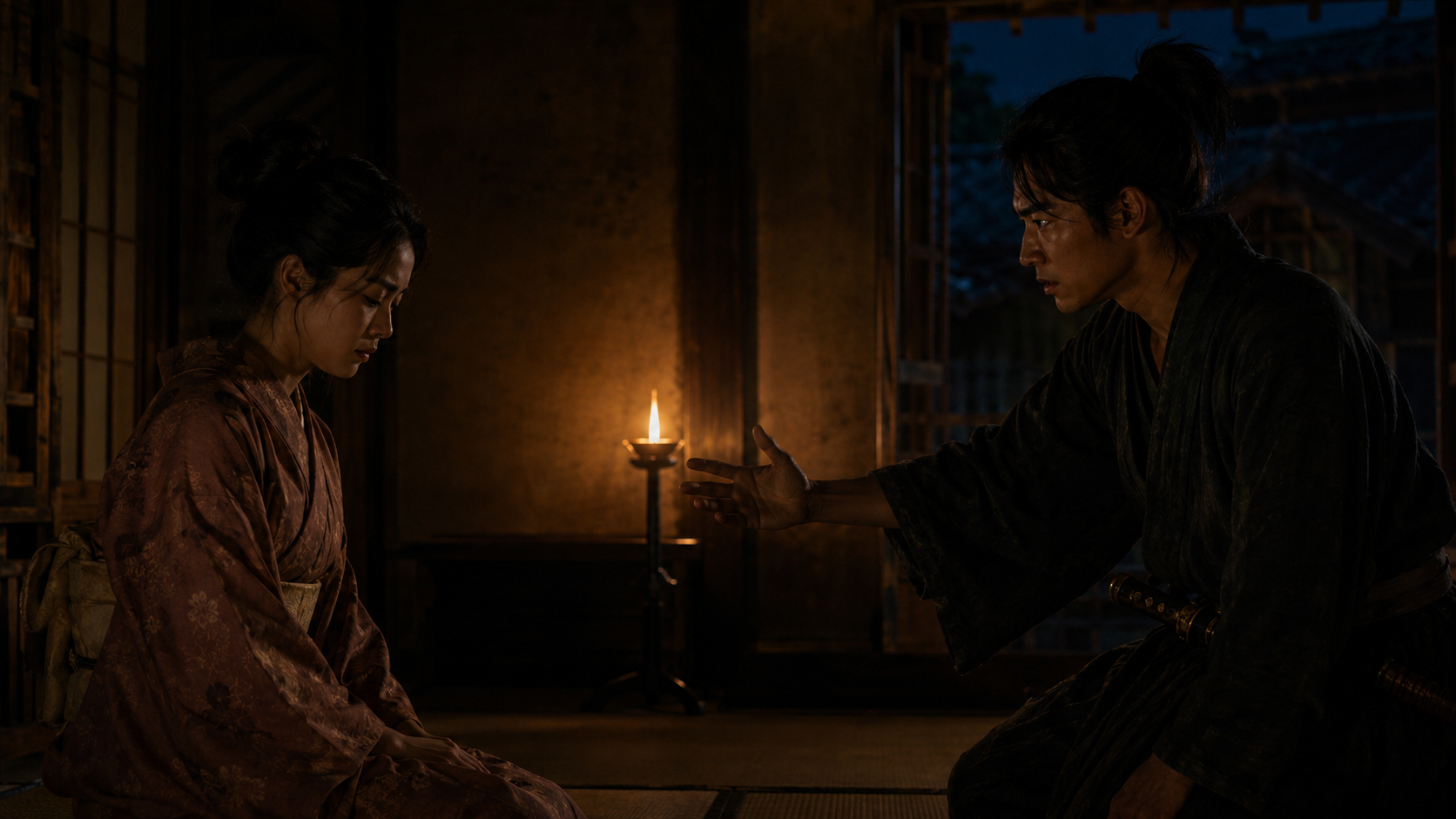 夜、平九郎の屋敷を訪ねる若菜と対面する場面