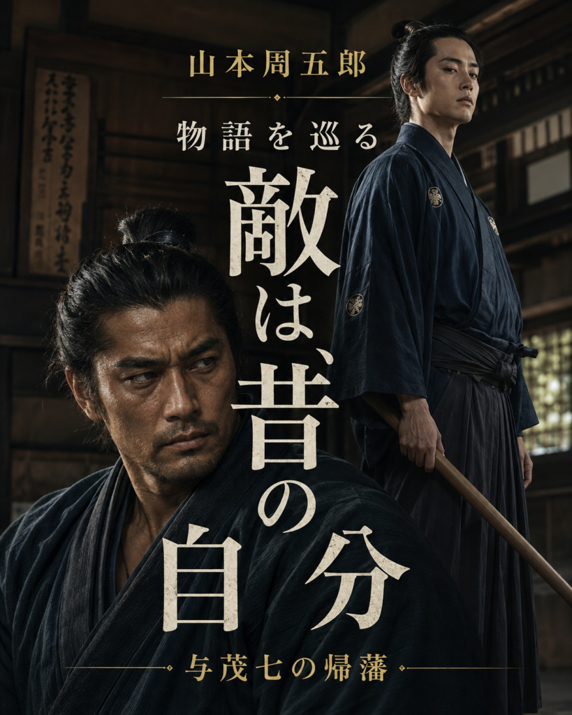 山本周五郎『与茂七の帰藩』の「物語を巡る」カード1。山本周五郎『与茂七の帰藩』の物語を巡る表紙カード。与茂七と三郎兵衛を対置し「敵は、昔の自分」と掲げる。