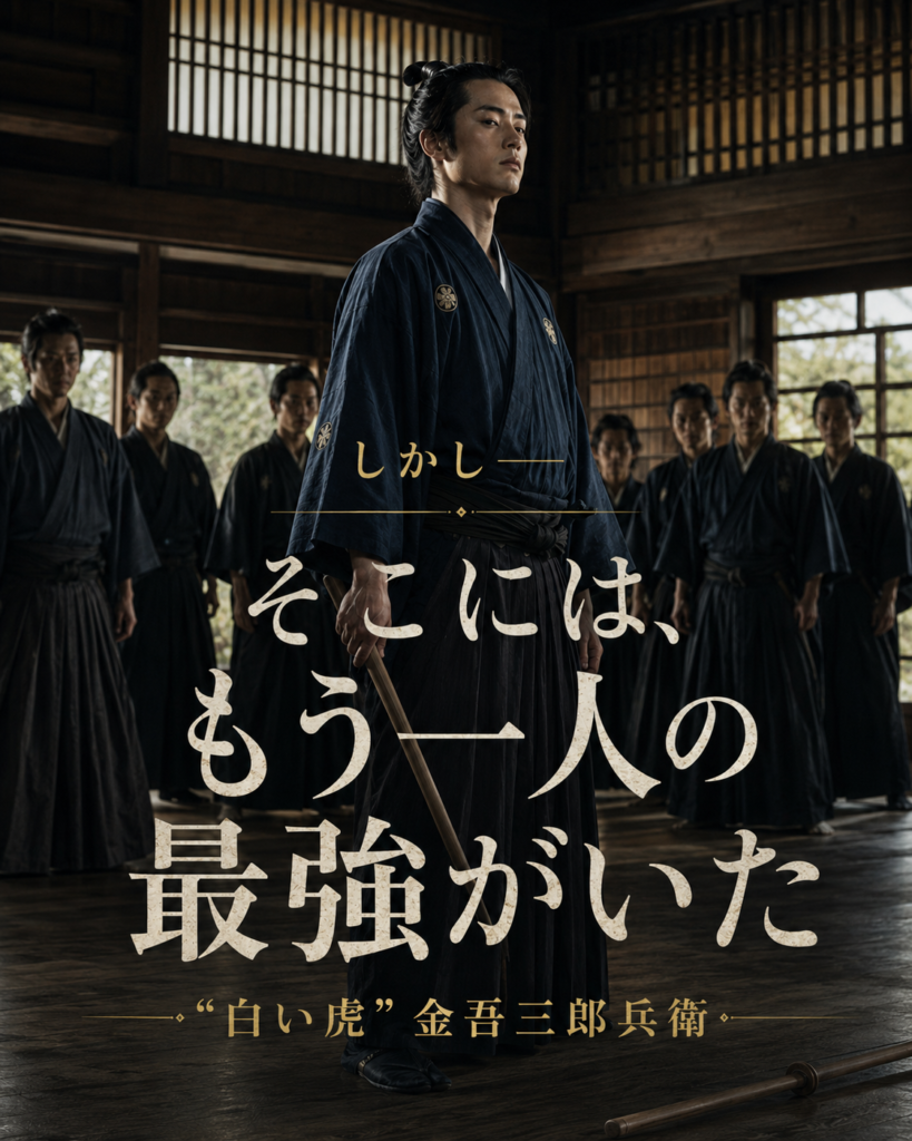 山本周五郎『与茂七の帰藩』の「物語を巡る」カード3。進武館に現れた「白い虎」金吾三郎兵衛を描くカード。